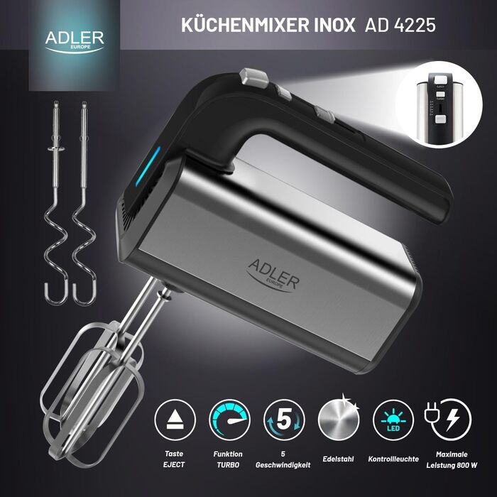 Міксер ADLER AD 4225 INOX, 800 Вт, 3 функції, чорний/сріблястий, кухонний комбайн, блендер, ручний міксер, ручний міксер