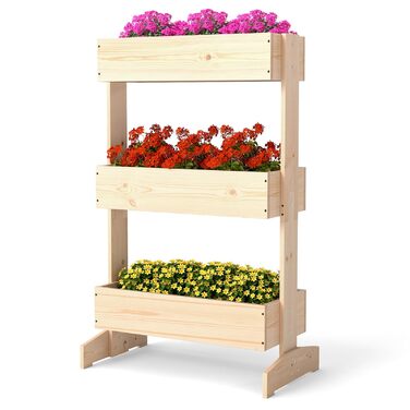 Вертикальна грядка COSTWAY з 3 ярусами, 6 контейнерами для квітів, дерев'яний ящик для тераси, балкона, саду 126x90x115 см (натуральне дерево)
