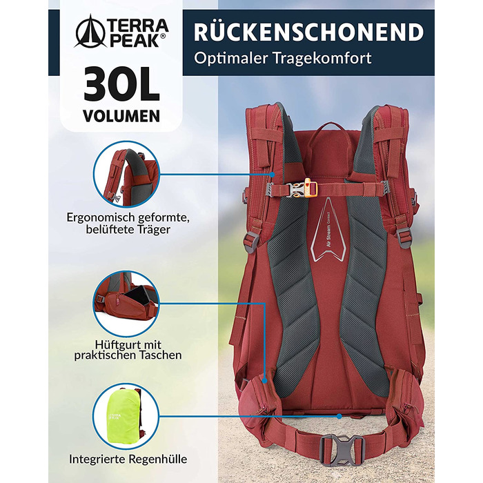 Похідний рюкзак Terra Peak 30L Flex 30 преміум середнього розміру з вентиляцією для спини, гідратаційної системою і чохлом від дощу-похідний рюкзак з поліестеру з дихаючої 3D повітряної сіткою-Рюкзак для активного відпочинку на відкритому повітрі з поясни