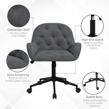 Крісло Vinsetto для офісу та дому: регульоване, поворотне, з оксамитовою оббивкою, до 120 кг, сірий колір