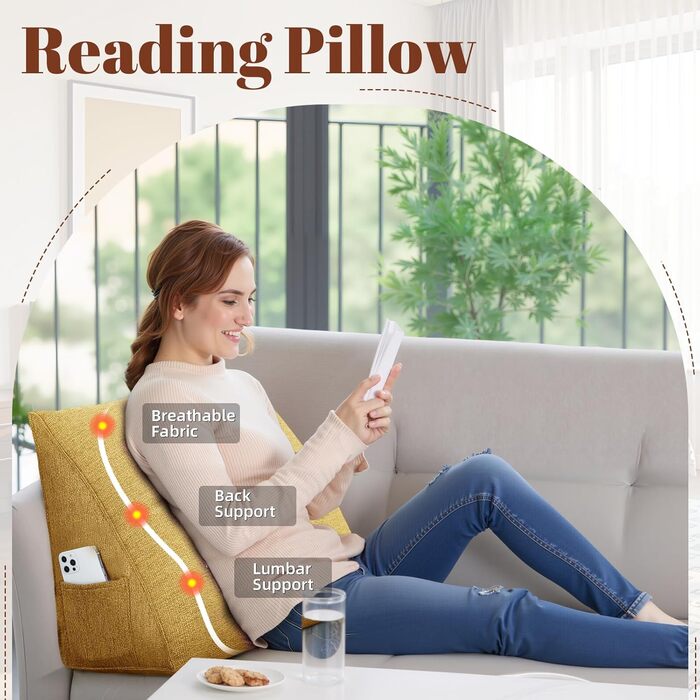 Підкова для читання Bettkeil, регульована подушка для відпочинку, трикутна подушка, подушка-підкова, диванна подушка для попереку, шиї, спини з знімним льняним чохлом (жовтий (Жовтий, 45см))