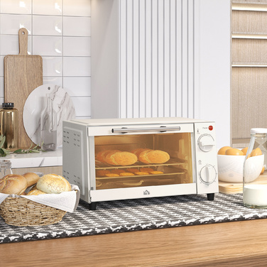 HOMCOM Міні-піч 9L Міні-піч із деко, решіткою для гриля, 100 °C-230 °C, з регульованою температурою та часом приготування, 60-хвилинний таймер, 750 Вт, нержавіюча сталь, кремово-білий | Aosom