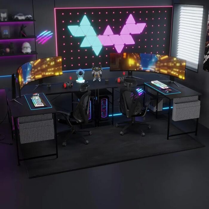 Ігровий кутовий стіл L-подібної форми з LED-підсвічуванням та розетками, 140x140 см, реверсивний комп'ютерний стіл з підставкою для монітора, 4 полиці та бічні кишені для дому та офісу (Чорний, 140x140x74 см)