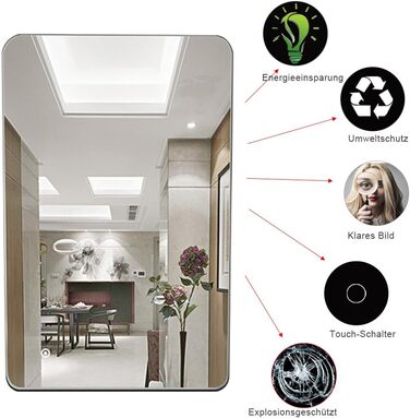 LED-дзеркало для ванної кімнати на стіну з сенсорним вимикачем, без ртуті, 4 мм, холодне біле світло (50 x 70 см)