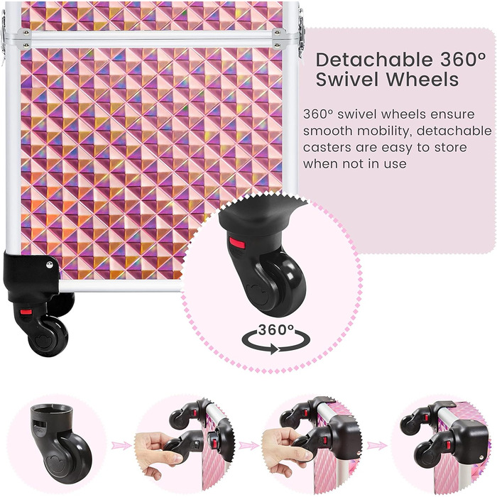 Косметичка-тролей Yaheetech 4-в-1, велика косметичка для макіяжу з замком, рожевий блискучий кейс для перукарів та візажистів з ящиком та колесами