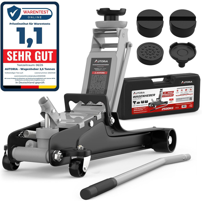 Гідравлічний домкрат Wagenheber 2.5T низькопрофільний для легкових авто та авто з низькою посадкою, до 2500 кг, з кейсом, 3 гумові накладки + адаптер (світло-сірий)