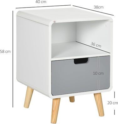 Тумба приліжкова HOMCOM з шухлядою та відкритою полицею, біла, 40x38x58 см, для спальні та вітальні