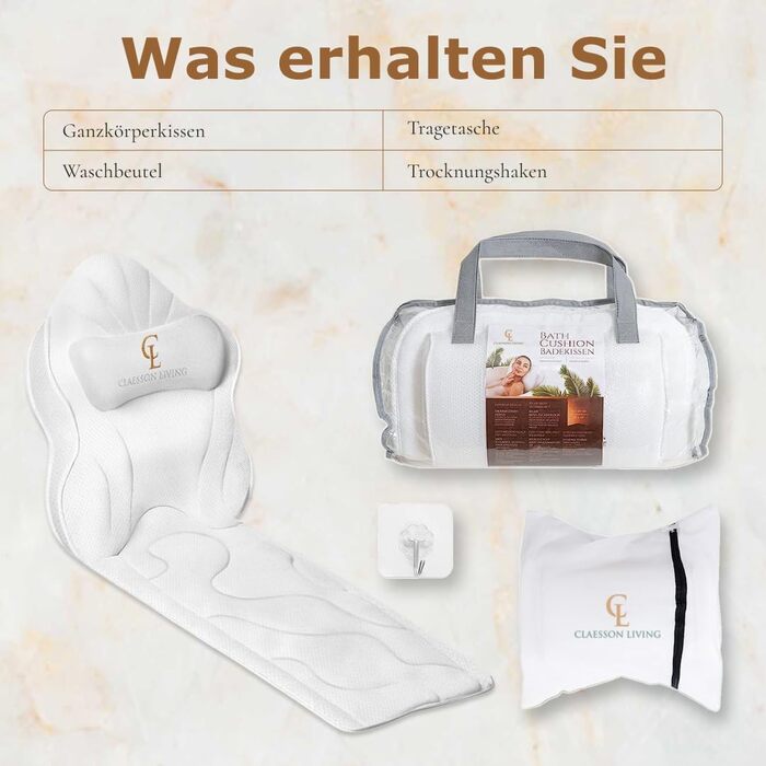 Подушка для ванни повномірна (126x41 см) з підголовником (13 см) для підтримки шиї, спини та ніг - біла, тепла біла