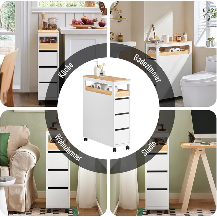 Шафка для ванної кімнати SoBuy з колесами, вузька шафка з 3 висувними ящиками, компактна тумбочка з дерева, навісна шафка для маленьких ванних кімнат, туалетів та кухонь, біла, 65x23x82 см, BZR54-W