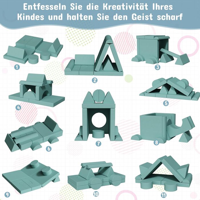 Дитяче ігрове диван-крісло, 15-ти частинний модульний диванчик, розкладний диван для дітей, сертифікат Oeko-TEX®100, диван з пінопласту, для куточка у дитячій кімнаті, велюрова тканина (зелений)