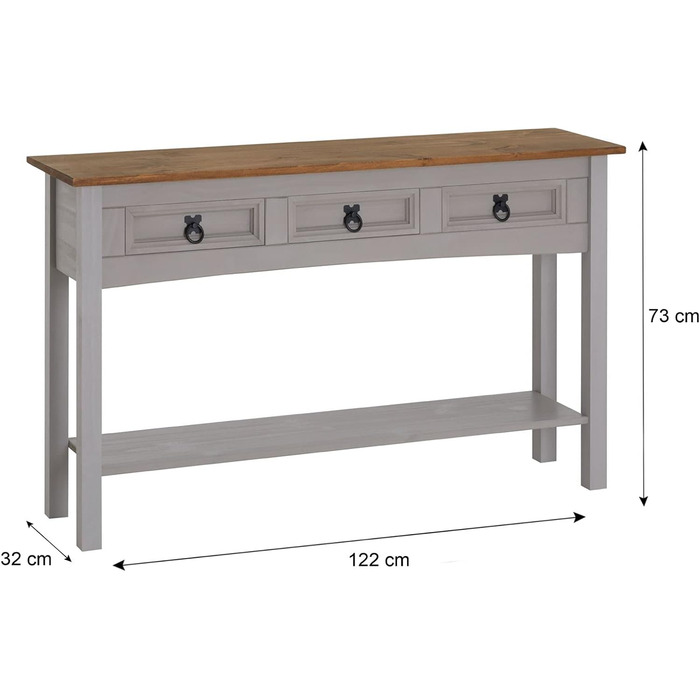 Меблевий консольний стіл CARO Ramon, мексиканський стиль, масив сосни, 3 шухляди, 1 полиця, сірий/коричневий лакований