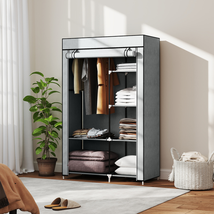 HOMCOM шафа для одягу, тканинна шафа, 6 відділень, сіра, 103x43x162,5 см, складана шафа для одягу з виглядом з флісу | Aosom