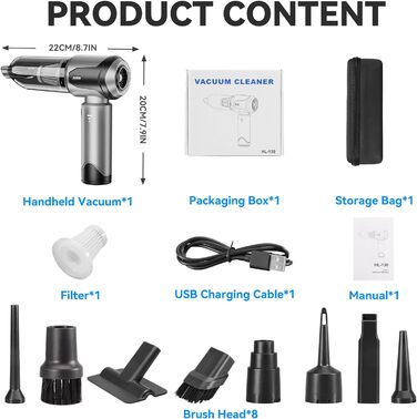 Акумуляторний ручний пилосос 4-в-1 для авто та дому, безщітковий двигун 26000Па, 3 режими потужності, для шерсті тварин та кухні