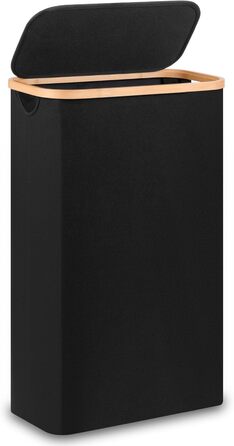 Кошик для білизни Merkisa 60 л з кришкою, високий, тканинний з бамбуковим ручками (чорний)