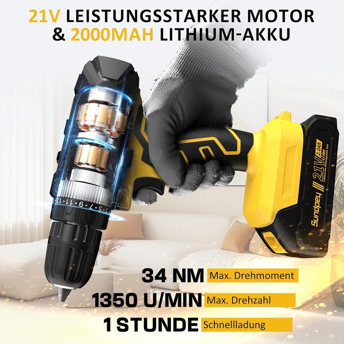 Набір інструментів Sundpey 170 предметів з акумуляторним дрилем-шуруповертом 21V, 2.0Ah, жовтий кейс для дому та ремонту