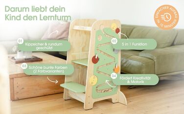 Дерев'яний навчальний столик-лесенка EXPLORER Kids® Montessori 5-в-1 | Регульована висота, захист від падіння, захист від перекидання | Розвиває моторику, цифри та форми | Білий та салатовий кольори | Для дітей від 1 року