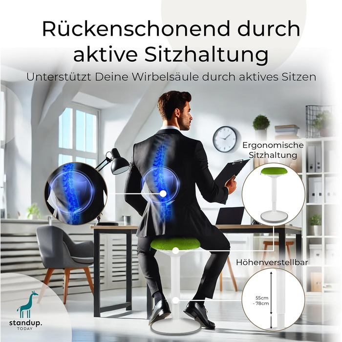 Standup.Today Ерганомічний хокер Ella (білий/зелений) – регульована висота 55-80 см – для офісу та дому – з ефектом гойдання