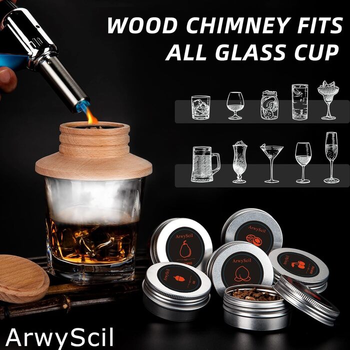 Набір для копчення коктейлів та віскі з ліхтариком: ретро-набір для вечірок, 6 смаків для любителів копчення, ідеальний подарунок на день народження, для чоловіків та батьків