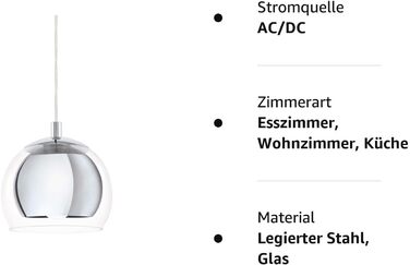 Підвісний світильник EGLO Rocamar, підвісний світильник на 1 полум'я, підвісний світильник з металу в хромі та зі скла в прозорому, лампа для обіднього столу, світильник для вітальні, що висить з цоколем E27, підвісна лампа 1-полум'я