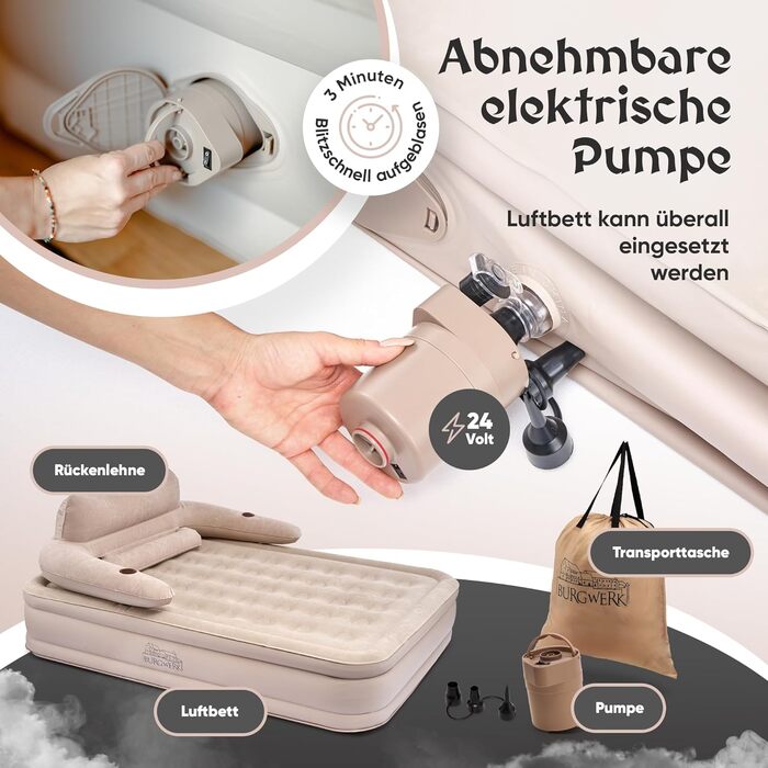 Надувне ліжко 3-в-1 | Гостьове та кемпінгове ліжко | Надувна матрац з електропомпою 150x200 | Самостійно надувна повітряна матрац (2 особи, Бежевий)
