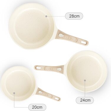 Набір сковорідок RIOVARM з індукційним покриттям та знімними ручками, антипригарний набір сковорідок з кришками 20, 24, 28 см, без PFOA, посуд для всіх типів плит, придатний для миття в посудомийній машині та духовці (Бежевий, 3 шт.)