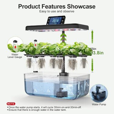 Гідропонна система вирощування: 8 горщиків, 24W LED лампа повного спектру з сигналом про недостатність води | Внутрішній сад для кухні, вітальні, школи | Подарунок для любителів садівництва (12 горщиків - напівпрозорий чорний)