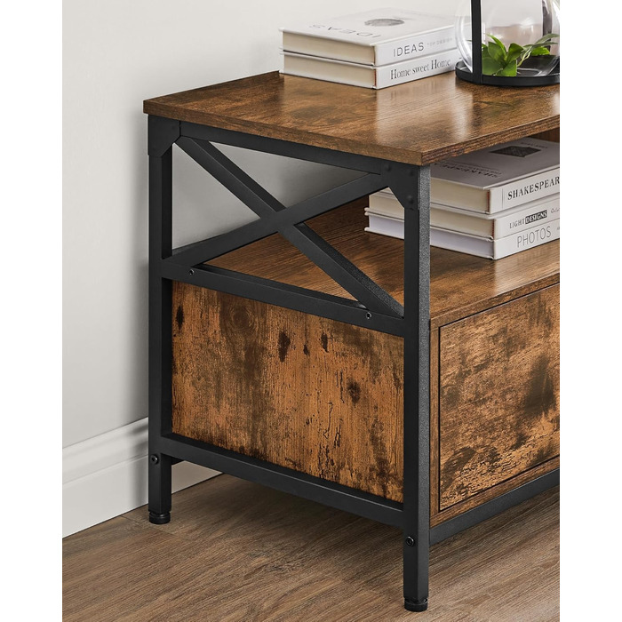 Тумба під телевізор VASAGLE до 80 дюймів, низька, з 3 шухлядами та 3 відкритими полицями, вітальня, металевий каркас, коричнево-чорний, 178x40x50 см