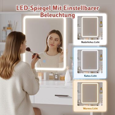 Трюмо JUMMICO з LED-підсвічуванням, дзеркалом та гачками для прикрас, 2 шухляди, 4 відкриті полиці, білий колір