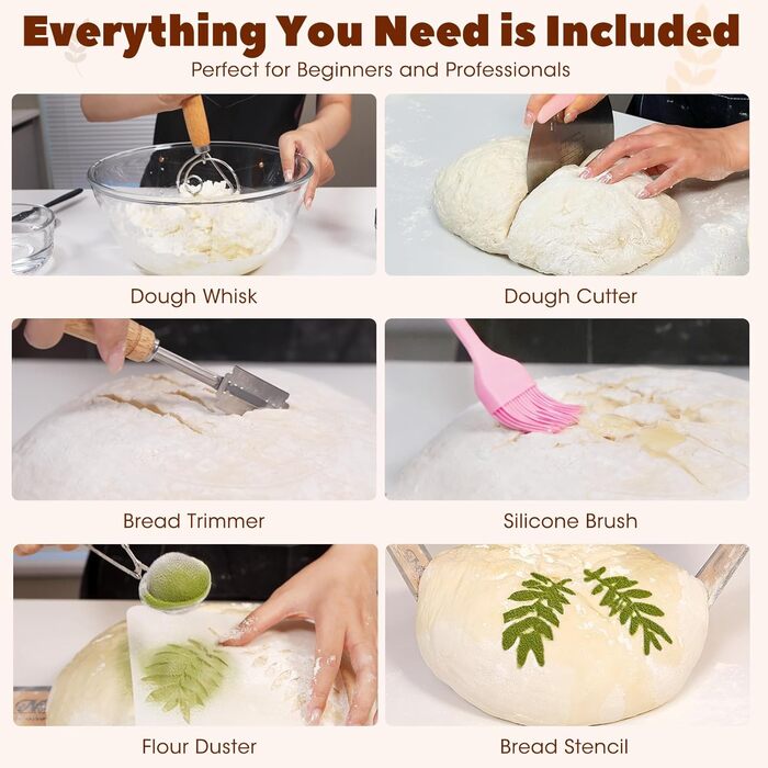 Набір для закваски з силікону MQFORU: 30 шт. Гірчаки (28 см круглі, 29 см овальні), скляна тара 730 мл, щітка, скребок. Для випікання хліба (рожевий)