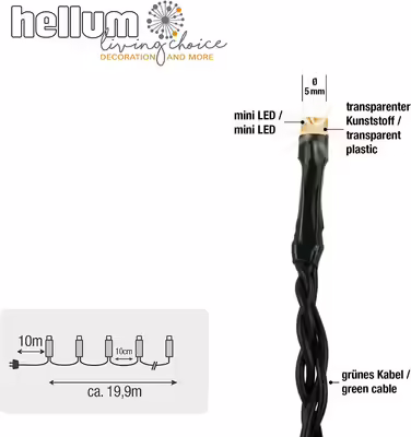 Гірлянда hellum LED для вулиці з таймером, 19,9 м, 200 теплих білих LED, електрична з зеленим кабелем, для ялинки