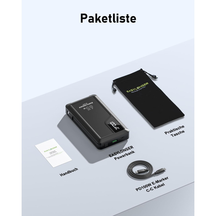 З кабелем, два USB-C, для ноутбука, мобільного телефону, планшета, 25000mAh 65W PD