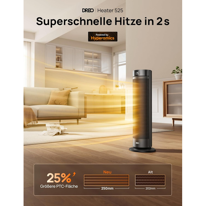 Електричний обігрівач Dreo 23 дюйми (58 см) – 2000 Вт, тихий, з пультом, таймером, осциляцією, 5 режимів, PTC кераміка, для великих приміщень, офісу (чорний)