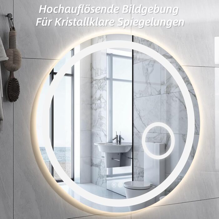Дзеркало для ванної кімнати HySail з підсвічуванням, 5 мм, високоякісний срібний, 3 колірні температури та регульована яскравість, настінне, з сенсорним вимикачем та антизапарюючим покриттям, кругле (70x70 см)