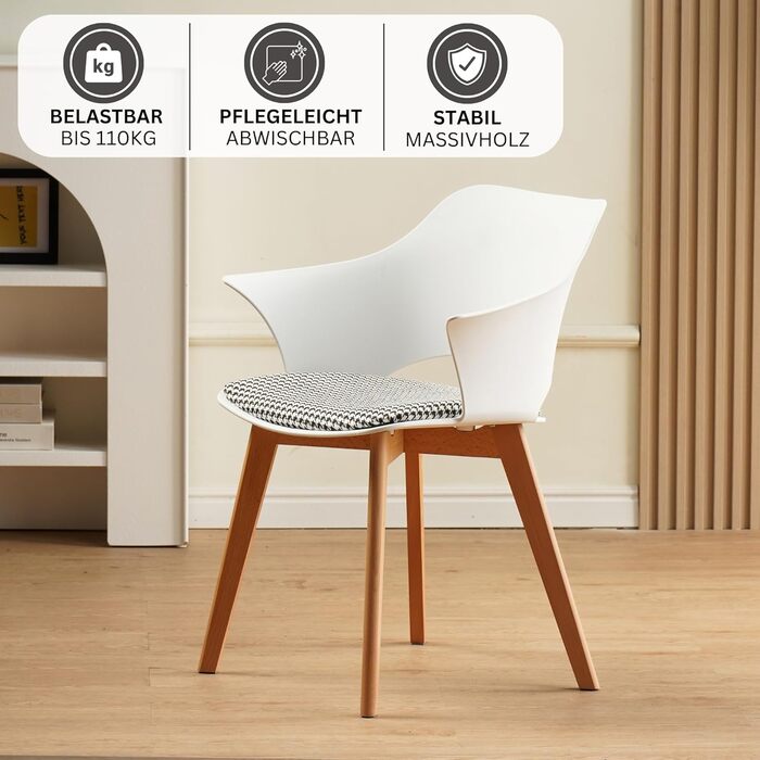 Набір з 4-х стільців Albatros для їдальні, Aalborg, білий - дерев'яні ніжки з масиву буку, скандинавський ретро-дизайн, зручний стільчик-чаша, елегантний кухонний стілець для обіднього столу
