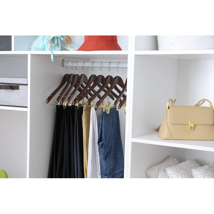 Дерев'яні вішалки для одягу з кліпсами, масивне дерево, вішалка для штанів, міцні металеві кліпси, поворотний гачок, для пальто, куртки, блузи, костюмів (горіх, золотий гачок, 20 шт.)