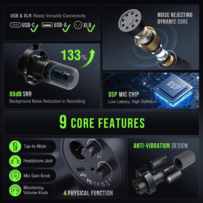 FIFINE K688: Студійний мікрофон XLR/USB для запису вокалу, подкастів, стрімінгу та геймінгу. Динамічний, з кардіоїдною характеристикою, навушником 3.5 мм та кнопкою мовлення.