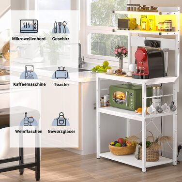 Кухонна полиця-стійка з розеткою, підставка для мікрохвильовки, 5-ярусна кавобар станція з LED-підсвічуванням, полиця для спецій, каструль та сковороди (60 см, білий)