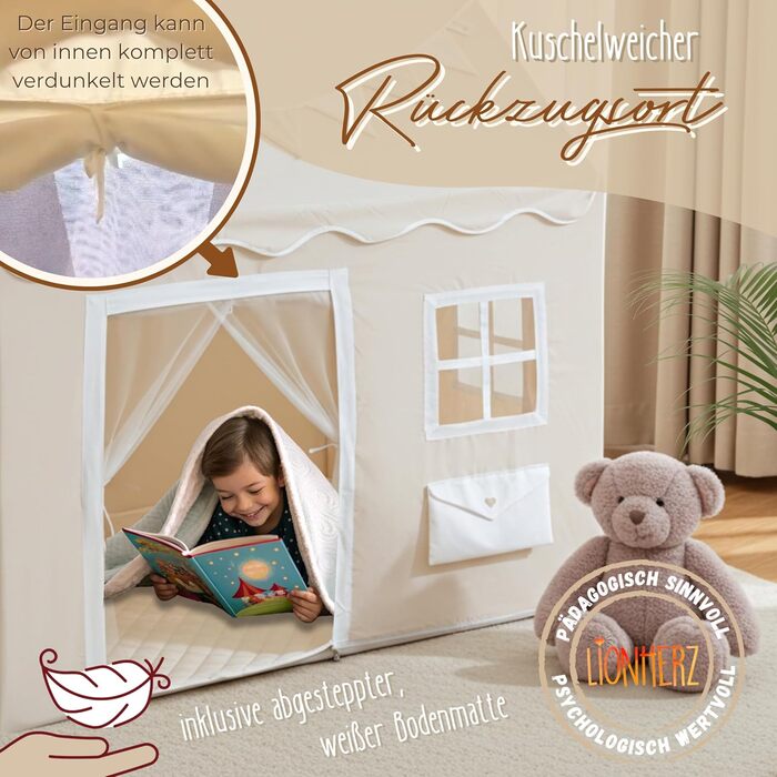 Дитячий будиночок LIONHERZ® DAS ORIGINAL з поштовою скринькою | Ігровий намет з килимком та гірляндою | Будиночок для дітей з 3 вікнами та щільним завісою | Намет для дитячої кімнати (кремово-білий)