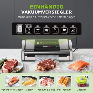 Вакууматор Bonsenkitchen VS5100 для Sous-Vide, 15 л/хв, з вбудованим різаком та кліпсою для пакетів, сріблястий
