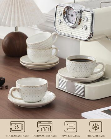 Набір посуду MALACASA LYDIA для 4 осіб (16 предметів) з кераміки з рельєфом, бежевий (4 чашки 180 мл)