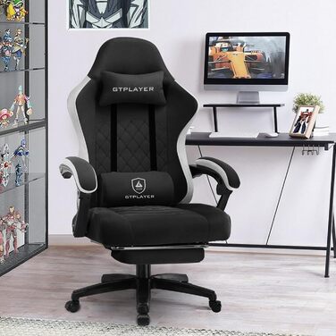 Ігровий крісло LUCKRACER з тканини, комп'ютерне офісне крісло з підніжкою, рейсингове крісло геймера, 150 кг, регулювання спинки 90-135°, ергономічне, 360° обертання, чорний