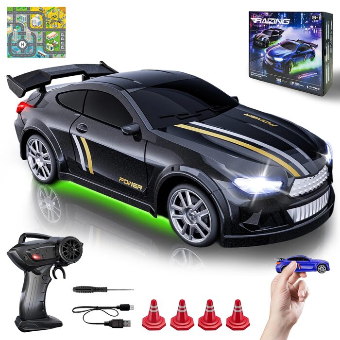 RC Дрифт-кар Mini Drift 1/64 з LED підсвіткою, 2 режими швидкості, чорний. Радіокерована іграшка для дітей та дорослих з перешкодами та килимком для перегонів