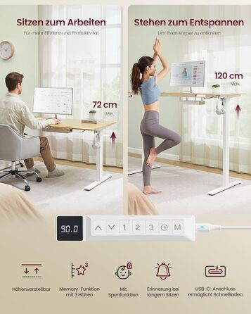 Стол для роботи VASAGLE з регулюванням висоти, USB-C, підставка для розеток, стоячий стіл, нагадування про перерви, 3 пам'яті, 160x80 см, золотий дуб