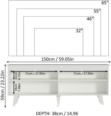 Тумба під телевізор Madesa, тумба під телевізор до 65 дюймів, для вітальні та спальні, 150 x 38 x 58 см, з дерева (Білий)