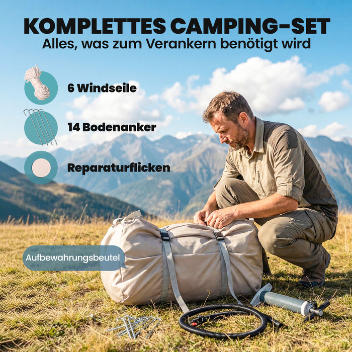 Надувний намет для 5-8 осіб зі швидким встановленням, водонепроникністю 5000 мм та захистом від вітру, з повітряним насосом, отвором для димоходу та вікном у даху