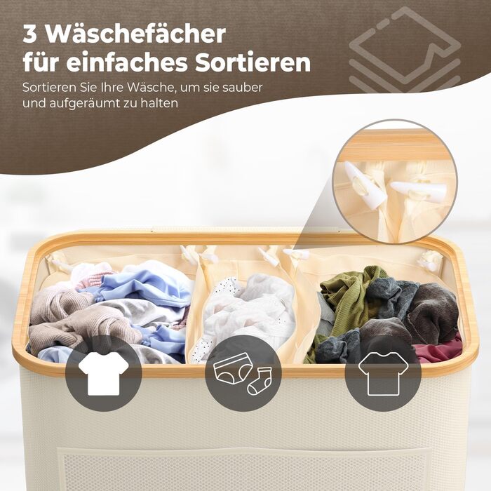 Кошик для білизни OUSFOT з кришкою, 3 відділення, 158л, сортер для білизни, знімний мішок, сітчаста кишеня, бамбукова коробка для білизни, бежевий