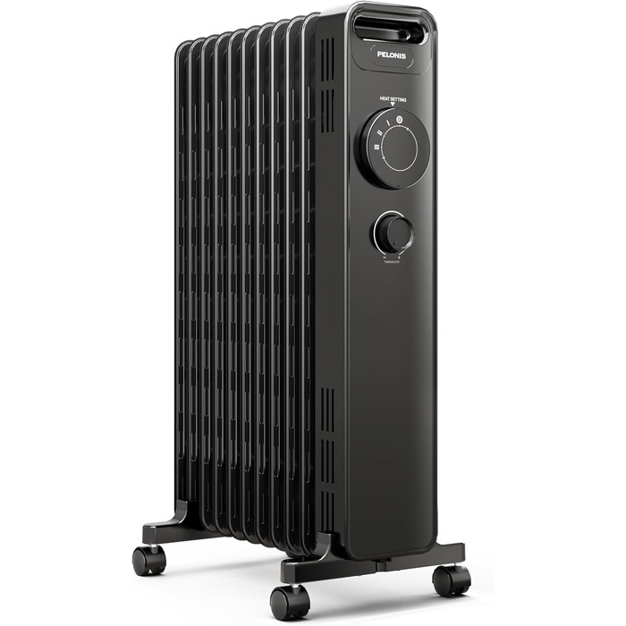 Масляний радіатор PELONIS 2300W з J-подібними ребрами, 3 режими нагріву, термостат, тихий, з захистом від перекидання, енергоефективність A, для спальні, вітальні, офісу, 11 ребер, чорний (без пульта)