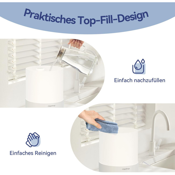 Зволожувач повітря Raydrop для спальні 3л, ультразвуковий, холодний пар, для великих приміщень, з LED підсвіткою, таймером та автовимкненням