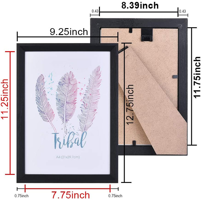 Рамка для фотографій Metrekey, набір 13x18 см, 6 дерев'яних старовинних скляних рамок для фотографій, рамка для портрета з кронштейном і гачком для прикраси столу і стін (чорний, формату А4)