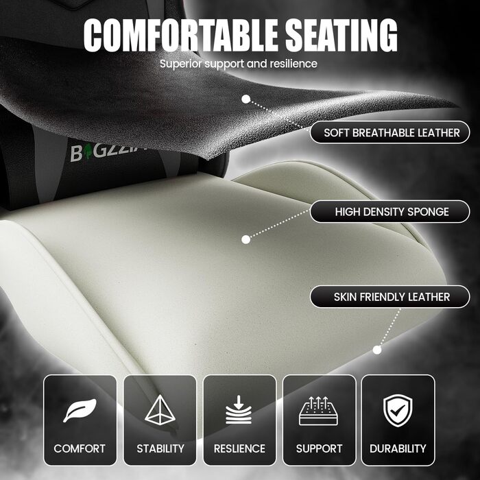 Ігровий крісло Bigzzia - ергономічне крісло для ПК з підголівником, RGB підсвічуванням, для юнаків та дорослих (чорно-сірий, без LED)